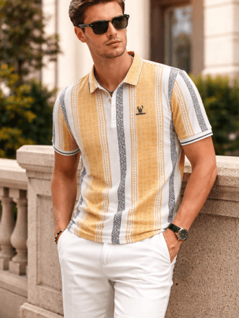 Men’s Mustard Yellow Geometric Stripe Polo T-Shirt | Regular Fit | Smart Casual Wear