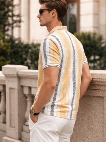 Men’s Mustard Yellow Geometric Stripe Polo T-Shirt | Regular Fit | Smart Casual Wear