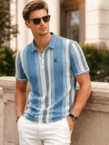 Men’s Sky Blue Geometric Stripe Polo T-Shirt | Regular Fit | Smart Casual Wear