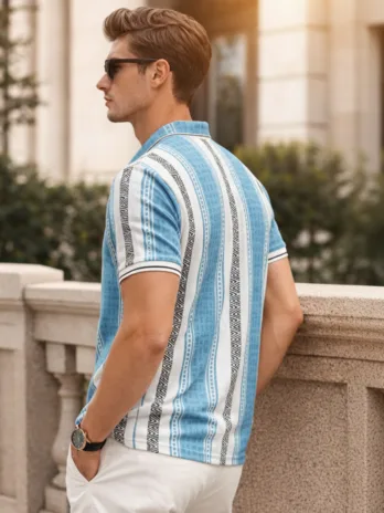 Men’s Sky Blue Geometric Stripe Polo T-Shirt | Regular Fit | Smart Casual Wear
