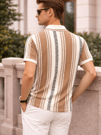 Men’s Caramel Brown Geometric Stripe Polo T-Shirt | Regular Fit | Smart Casual Wear