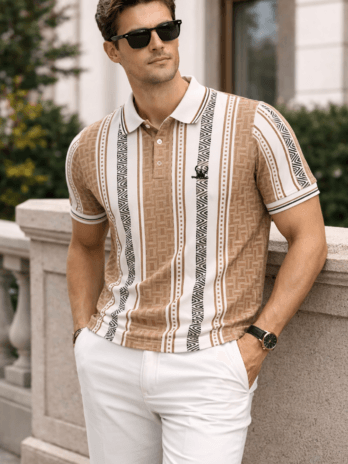 Men’s Caramel Brown Geometric Stripe Polo T-Shirt | Regular Fit | Smart Casual Wear