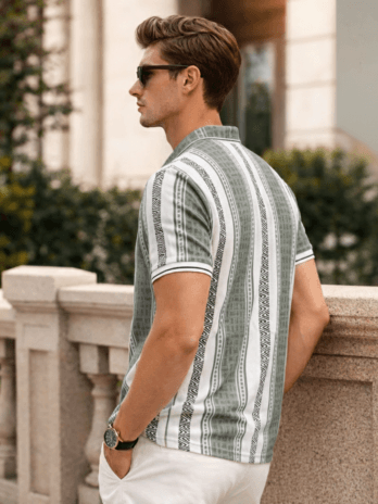 Men’s Olive Green Geometric Stripe Polo T-Shirt | Regular Fit | Smart Casual Wear