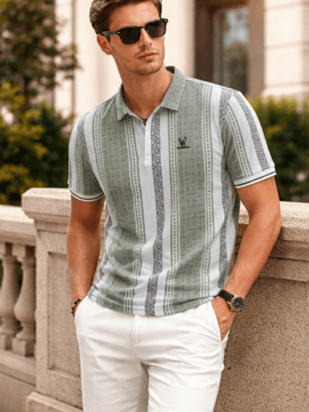 Men’s Olive Green Geometric Stripe Polo T-Shirt | Regular Fit | Smart Casual Wear