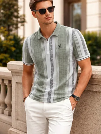 Men’s Olive Green Geometric Stripe Polo T-Shirt | Regular Fit | Smart Casual Wear
