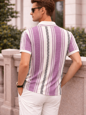 Men’s Lavender Geometric Stripe Polo T-Shirt | Regular Fit | Smart Casual Wear
