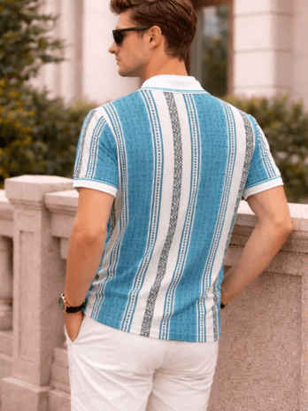 Men’s Sea Blue Geometric Stripe Polo T-Shirt | Regular Fit | Smart Casual Wear