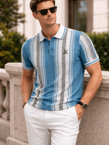 Men’s Sea Blue Geometric Stripe Polo T-Shirt | Regular Fit | Smart Casual Wear